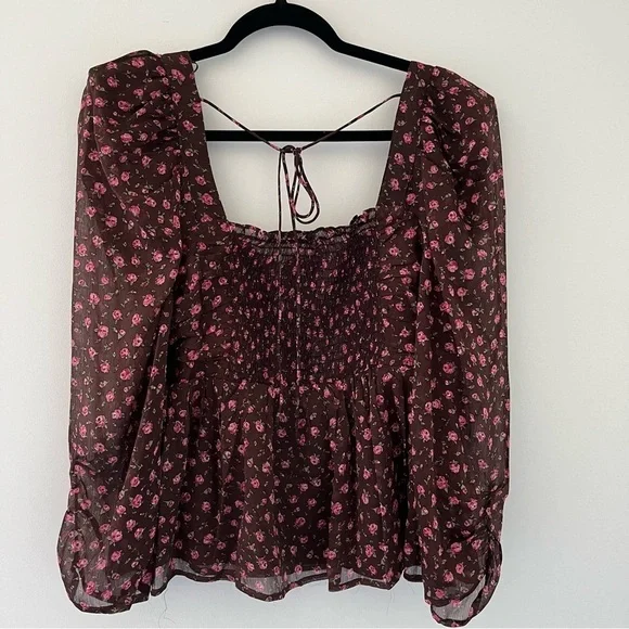 Astr the Label Floral Smocked Top-XL, Puff Sleeve Boho Chic Blouse - Picture 4 of 9